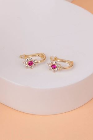 14 Ayar Sarı Altın Pembe Taşlı Çocuk Küpe