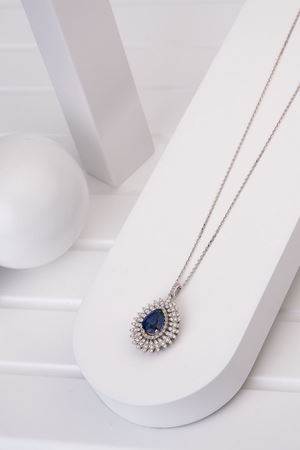 2,97 Carat Pırlanta Set Damla Safir Taşlı Kolye