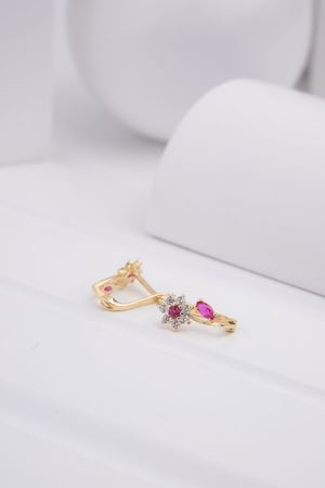 14 Ayar Sarı Altın Pembe Taşlı Çocuk Küpe