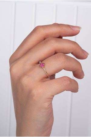 14 Ayar Sarı Altın Pembe Mineli Yonca Yüzük