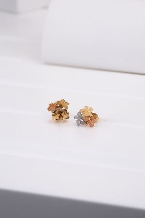 14 Ayar Üç Renkli Altın Vidalı Çiçek Küpe