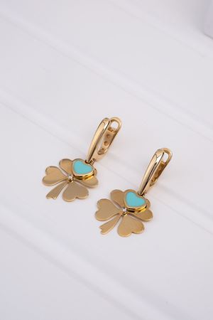 14 Ayar Sarı Altın Yonca Mavi Kalp Küpe