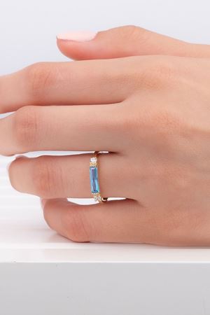 14 Ayar Sarı Altın Line Mavi Taşlı Yüzük