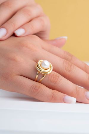 14 Ayar Sarı Altın İncili Yüzük