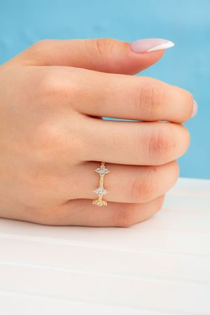 14 Ayar Altın Taşlı 3 Çiçekli Minimal Yüzük