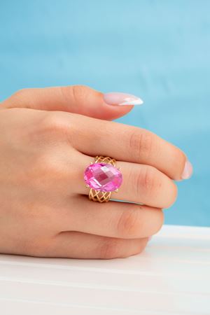 14 Ayar Altın Pembe Taşlı Yüzük