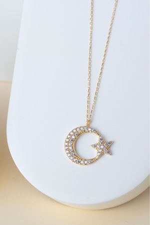 14 Ayar Altın Taşlı Ay Yıldız Kolye