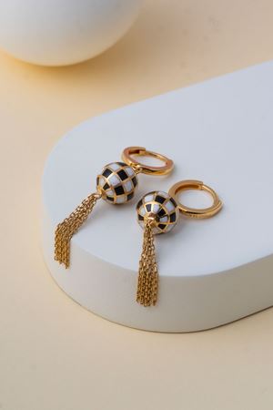 14 Ayar Altın Damalı Sallamalı Top Küpe