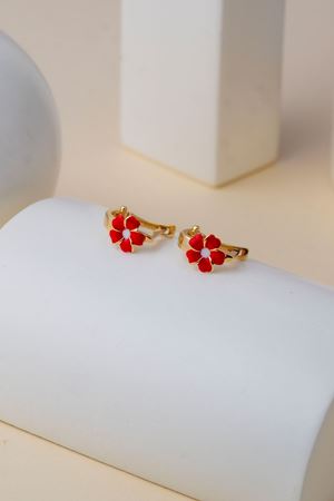 14 Ayar Altın Kırmızı Çiçekli Çocuk Küpe