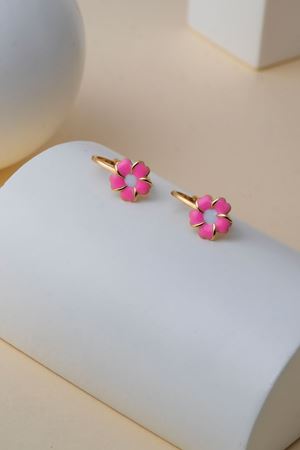 14 Ayar Altın Pembe Çiçekli Çocuk Küpe