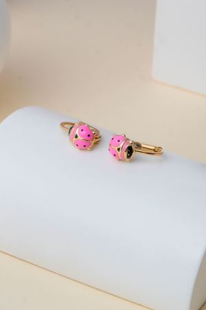 14 Ayar Altın Pembe Renkli Uğur Böceği Çocuk Küpe