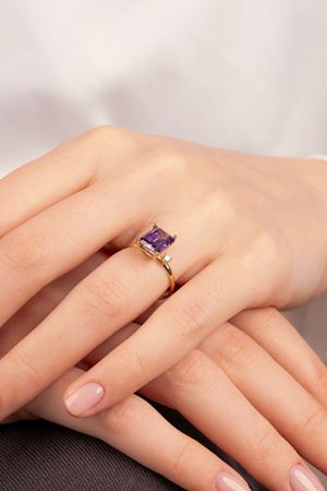 14 Ayar Altın Mor Baget Taşlı İnce Yüzük