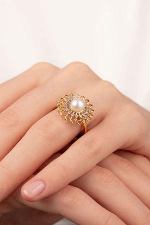 14 Ayar Altın İncili Büyük Yüzük