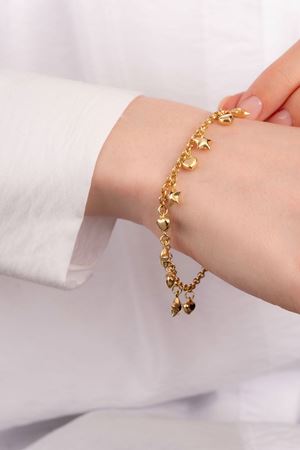 14 Ayar Altın Sıralı Yıldız Kalp Figürlü Bileklik