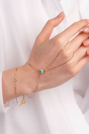 14 Ayar Altın Mavi Mineli Kalpli Zincirli Bileklik