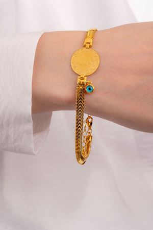 14 Ayar Altın Ezme Zincir Çeyrekli Bileklik