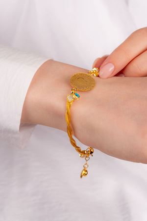 14 Ayar Altın Taşlı Nazar Boncuklu Çeyrekli Bileklik