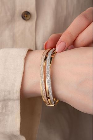 14 Ayar Üç Renkli Altın 2 Sıra Taşlı Fantezi Bilezik