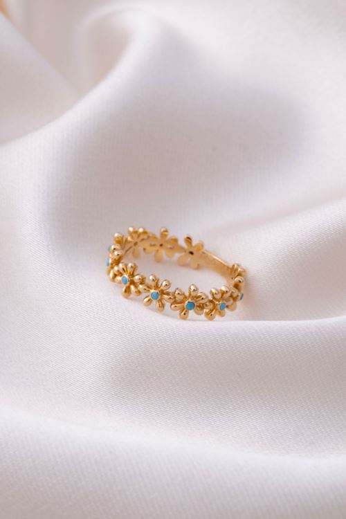 14 Ayar Altın Mavili Çiçek Desenli Çıtır Yüzük