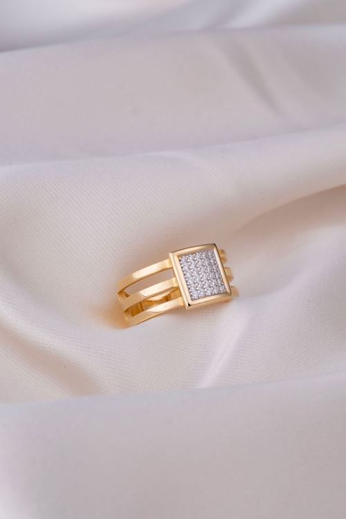 14 Ayar Sarı Beyaz Altın TAsarım Kare Yüzük