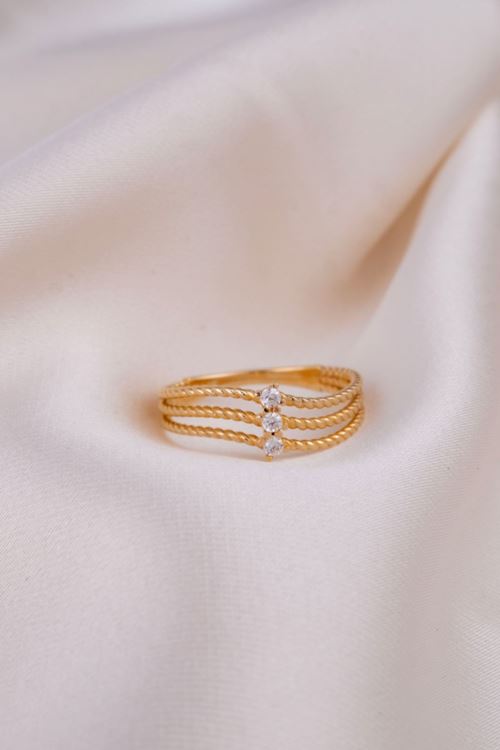 14 Ayar Altın Üç Taşlı İnce Yüzük