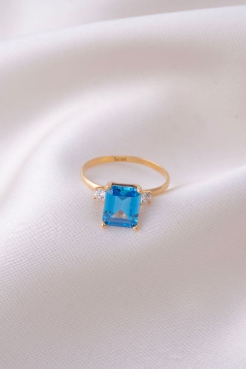 14 Ayar Altın Mavi Taşlı İnce Yüzük