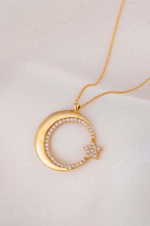 14 Ayar Altın Taşlı Ay Yıldız İnce Kolye