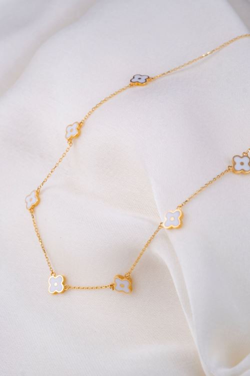 14 Ayar Altın Beyaz Yonca Model Trend Kolye