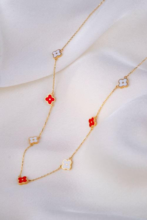 14 Ayar Altın Kırmız Beyaz Renklerde Yonca Kolye