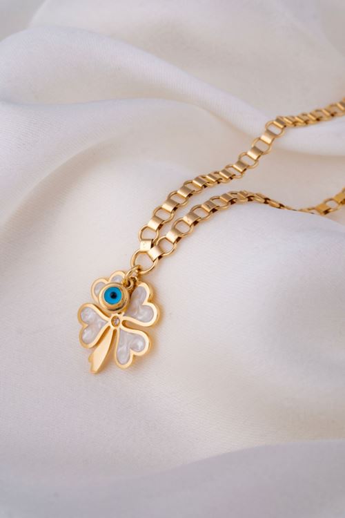 14 Ayar Altın Beyaz Mineli Yonca Cetaş Kolye