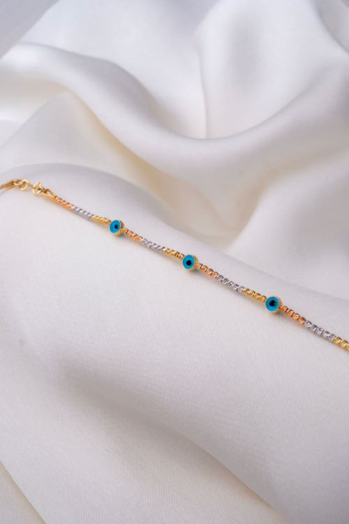 14 Ayar Üç Renkli Altın Nazar Boncuklu Çocuk Bileklik