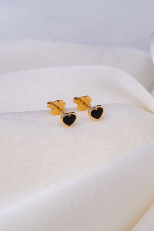 14 Ayar Altın Siyah Minelı Kalpli Vidalı Küpe