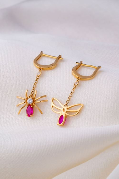 14 Ayar Altın Pembe Taşlı Sallantılı Küpe