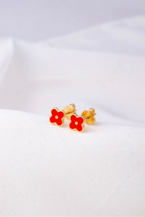 14 Ayar Altın Kırmızı Yonca Figürlü Vidalı Küpe