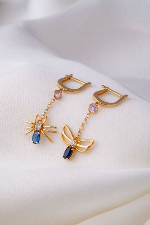 14 Ayar Altın Sallantılı Mavi Taşlı Örümcek Küpe