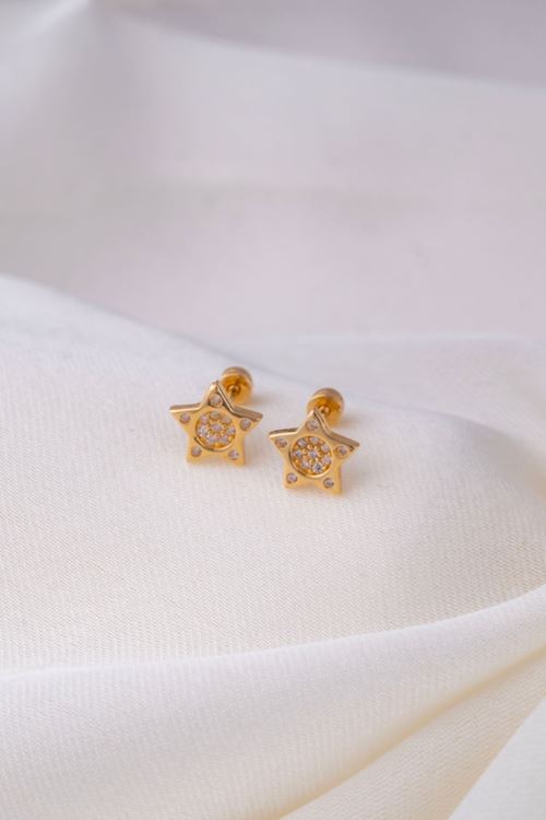 14 Ayar Altın Taşlı Yıldız Figürlü Vidalı Küpe