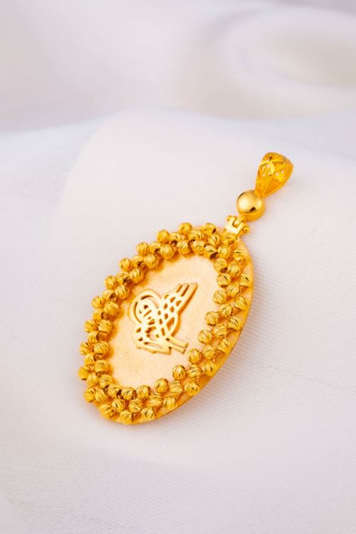 14 Ayar Altın Oval Şekilli Tuğra Kolye Ucu