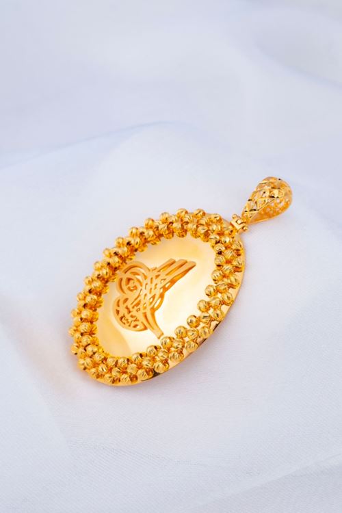 14 Ayar Altın Oval Parlak Tuğra Model Kolye Ucu