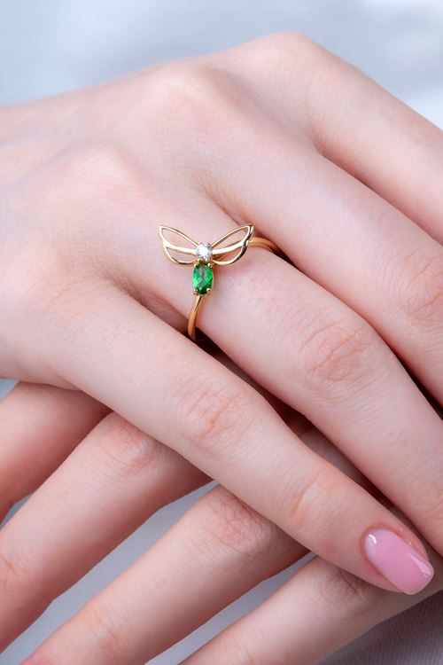 14 Ayar Altın Yeşil Taşlı Yusufcuk Minimal Yüzük