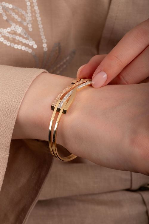 14 Ayar Üç Renkli Altın Taşlı Kaburga Bilezik