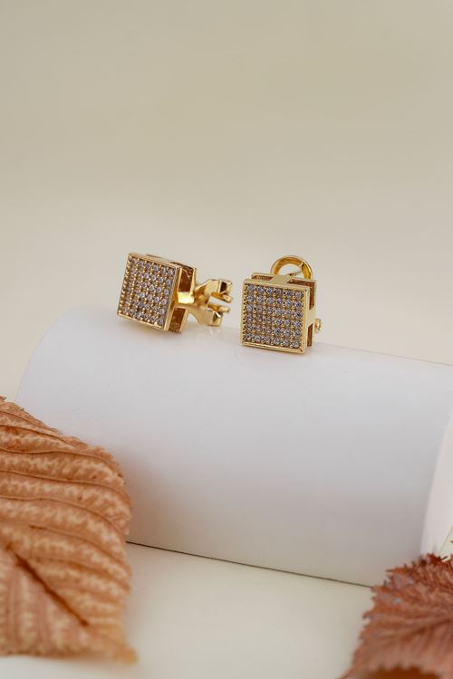 14 Ayar Altın Taşlı Kare Desen Küpe