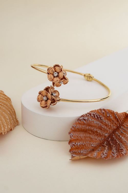 14 Ayar Üç Renkli Altın Çift Çiçek Tasarım Bilezik