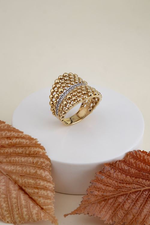 14 Ayar Altın Beyaz Taşlı Büyük Tasarım Yüzük