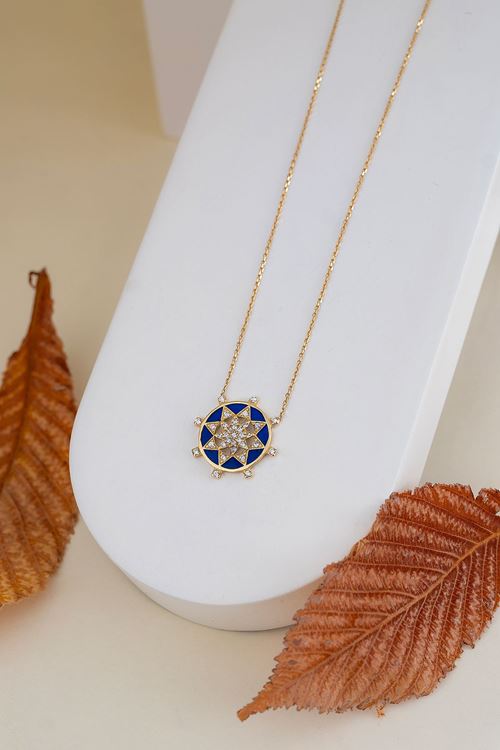14 Ayar Altın Mavi Mineli Yıldız Kolye