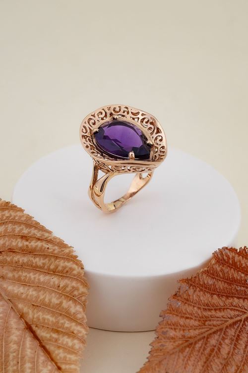 14 Ayar Sarı Altın Mor Taşlı Damla Yüzük