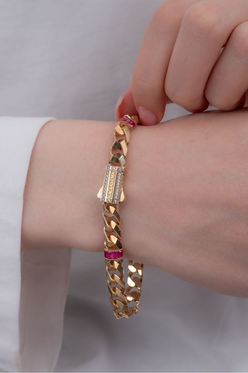 14 Ayar Altın Pembe Taşlı 7 Mm Gurmet Bileklik