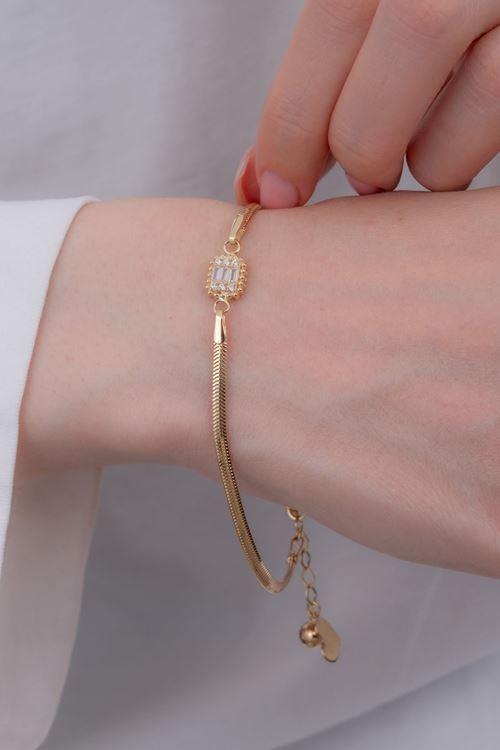 14 Ayar Altın Baget Taşlı İtalyan Zincirli Bileklik