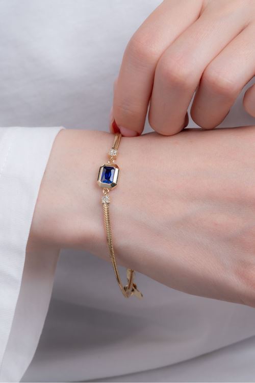 14 Ayar Altın Mavi Baget Taşlı Bileklik