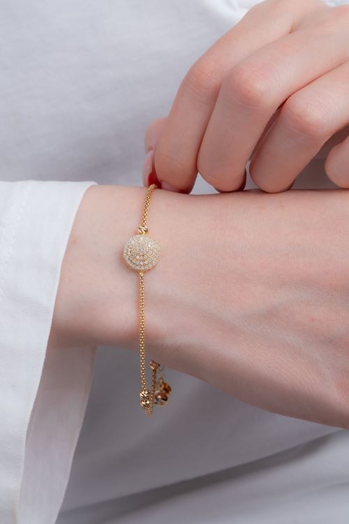 8 Ayar Altın Taşlı Yuvarlak Detaylı İnce Bileklik