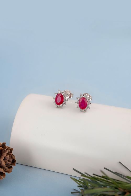 1,49 Carat Pırlanta Kırmızı Taşlı Vidalı Küpe